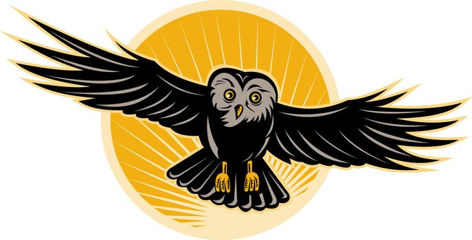 illustration of an owl swooping down woodcut style