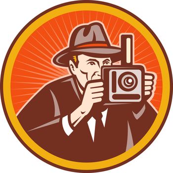  illustration of a Photographer with vintage camera set inside circle.