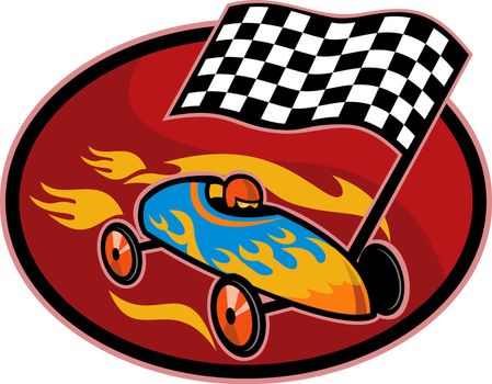 illustration on the sport of Soap box derby racing with race flag set inside a circle