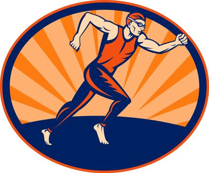 illustration of a Triathlon runner running sign set inside an ellipse.