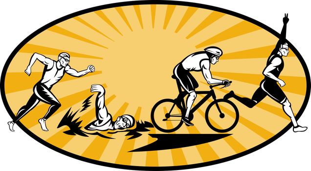 illustration showing the progression of Olympic triathlon showing an athlete starting, swimming, biking or cycling and finishing of with  a run.