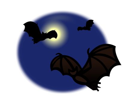Simple drawing illustration clip art of bats flying in the full moon lite sky, great Halloween symbol.