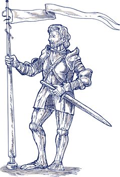 illustration of a Knight standing with lance and flag
