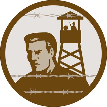 illustration of a Prisoner of war in a concentration camp with guard tower in background and barbed wire in foreground.