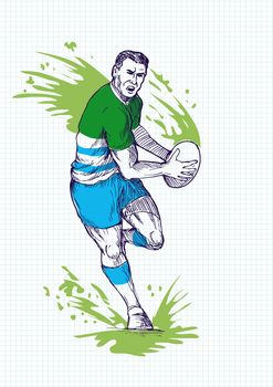 illustration of a hand sketch 
Rugby player running and passing ball with grid in the background.