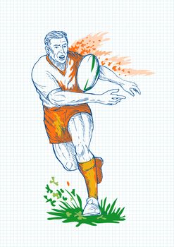 illustration of a hand sketch 
Rugby player running and passing ball with grid in the background.