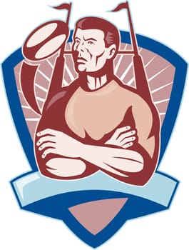 illustration of a Rugby player looking up with ball and goal post