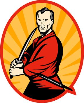 illustration of a Samurai warrior with katana sword pointing to side set inside an oval.