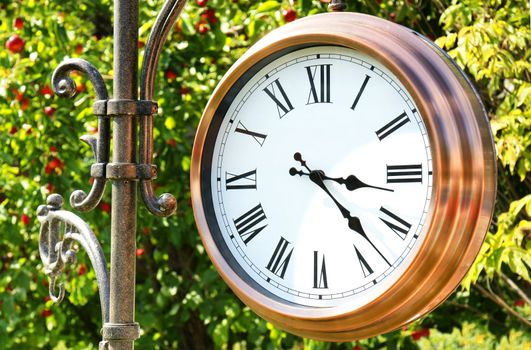 Great copper outdoor clock reminding us it is time to pick up those gorgeous ripe red apple in the tree behind.