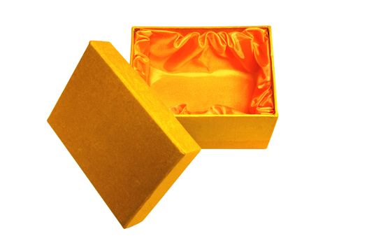 Opened pretty golden fabric gift box lined in orange satin with lid. 