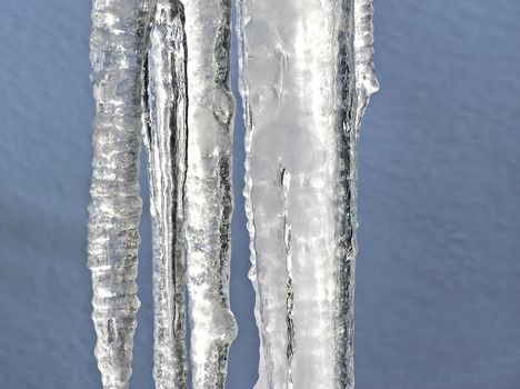 Close-up of large icicles melting showing every details of the reflected light with blue crusted snow as background