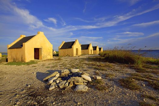 Historical yellow slave huts on Bonaire, Caribbean