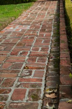 Red brick walkway on residential front lawn