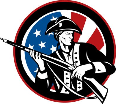  illustration of an American revolutionary soldier with rifle and flag in background set inside a circle