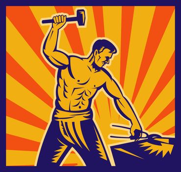illustration of a Blacksmith at work wielding a hammer with sunburst in background done in retro woodcut style.