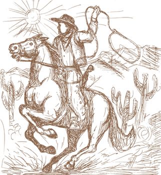 hand drawn illustration of a Cowboy with lasso riding a horse with cactus and mountains in the background.