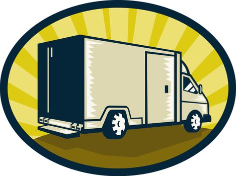 illustration of a Delivery van viewed from rear side set inside an ellipse