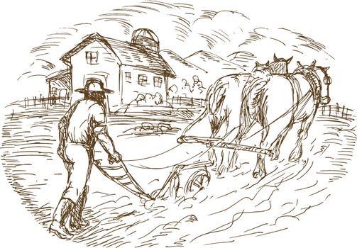 hand drawn sketched vector illustration of a Farmer and horse plowing the field with barn farmhouse 