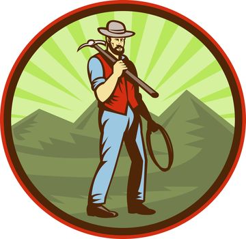 illustration of a Miner carrying pick axe with mountains set inside an oval