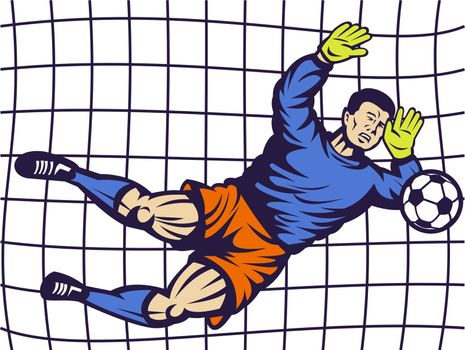 illustration of a Soccer football goalie keeper saving a goal with net in background.