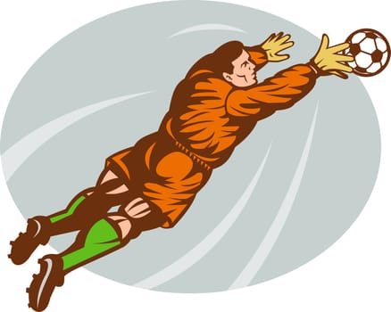 illustration of a Soccer football goalie keeper saving a goal with net in background.