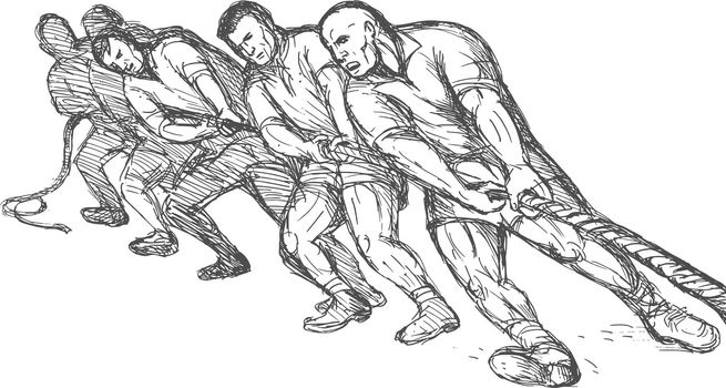 hand drawn illustration of a Team or group of men pulling rope tug of war