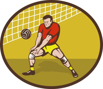 illustration of a Volleyball player about to strike ball set inside an oval