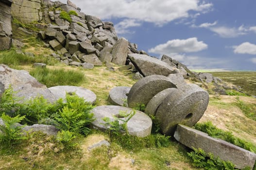 View from Stanage Edge on Hathersage Moor in Peak District National Park Derbyshire England