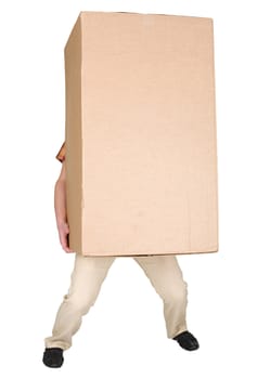 Man holding very heavy brown cardboard box on white