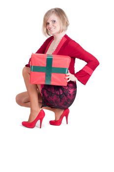 Happy woman with Christmas presents isolated on white