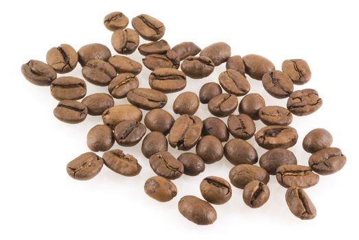 Dried coffee beans on a white background.