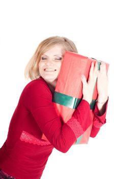 Happy woman with Christmas presents isolated on white