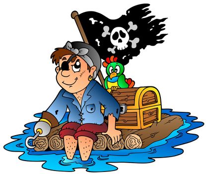 Cartoon pirate sailing on raft - vector illustration.