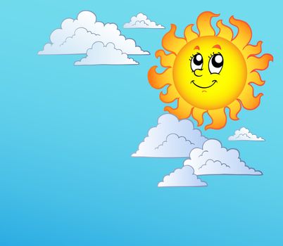 Cartoon Sun with clouds on blue sky - vector illustration.