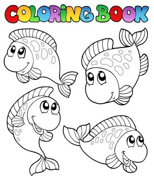 Coloring book with four fishes - vector illustration.