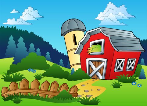 Landscape with farm and fence - vector illustration.