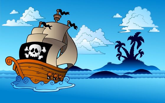 Pirate ship with island silhouette - vector illustration.