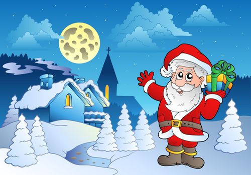 Santa Claus near small village 1 - vector illustration.