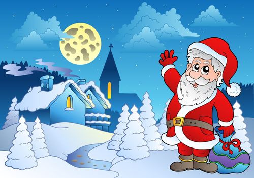 Santa Claus near small village 2 - vector illustration.