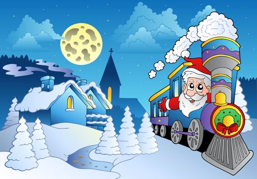 Santa on train near small village - vector illustration.