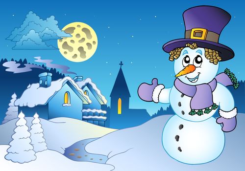 Snowman near small village - vector illustration.