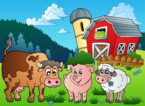 Three farm animals near barn - vector illustration.