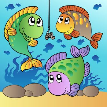 Three fishes and fishing hook - vector illustration.