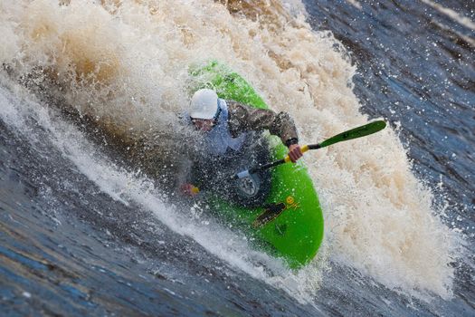 Kayak freestyle on whitewater, Russia, Msta, may 2010