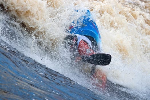 Kayak freestyle on whitewater, Russia, Msta, may 2010