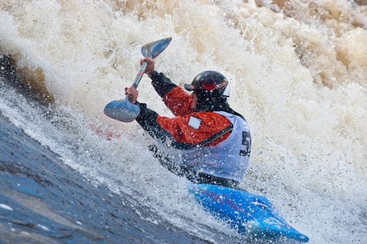 Kayak freestyle on whitewater, Russia, Msta, may 2010