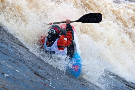 Kayak freestyle on whitewater, Russia, Msta, may 2010