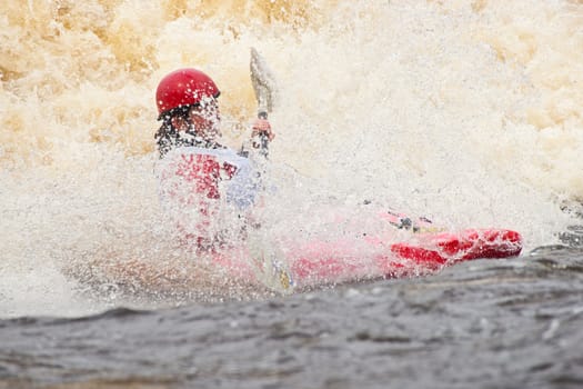 Kayak freestyle on whitewater, Russia, Msta, may 2010