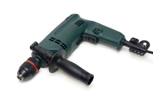 Green electric drill with handle and electric wire insulated on white background