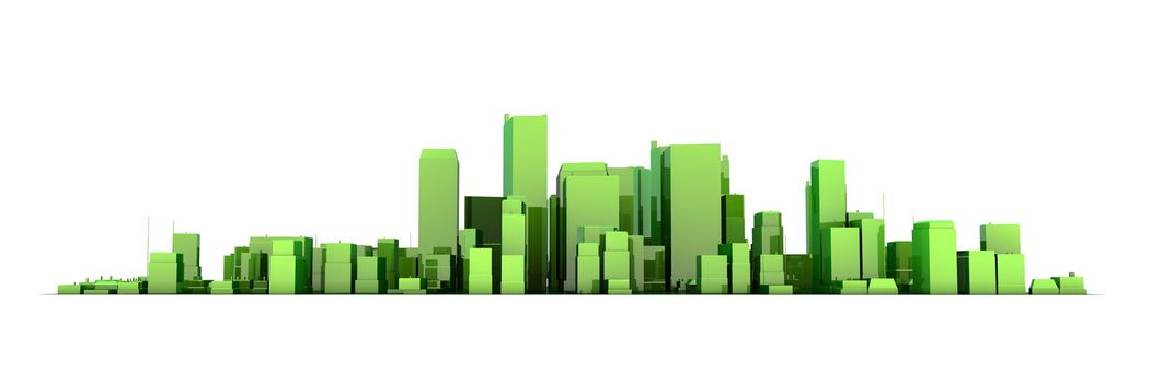 wide 3D cityscape model in shiny green/yellowish  with a white background - buildings are casting no shadows